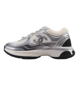 Chanel Fabric Laminated Low Top Sneakers Silver Black OG0706655
