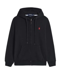 Ralph Lauren Polo Pony Zip-up Black Hoodie & Red Logo & Black Drawstring OG0730308