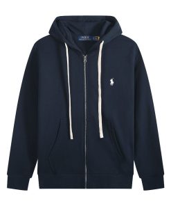 Ralph Lauren Polo Pony Zip-up Navy Hoodie & White Logo & White Drawstring OG0730307