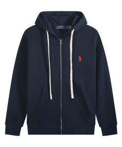 Ralph Lauren Polo Pony Zip-up Navy blue Hoodie & Red Logo & White Drawstring OG0730306