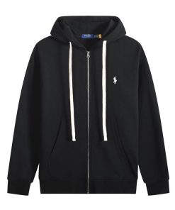 Ralph Lauren Polo Pony Zip-up Black Hoodie & White Logo & White Drawstring OG0730303