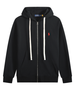 Ralph Lauren Polo Pony Zip-up Black Hoodie & Red Logo & White Drawstring OG0730305