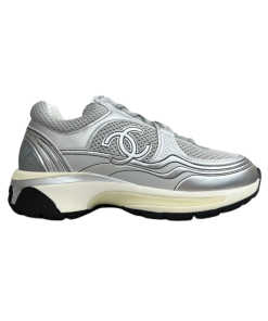 Chanel Fabric Laminated Low Top Sneakers Silver OG0706656