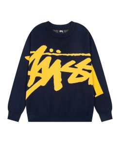 Stussy loose round neck hand woven loose silhouette knitted sweater navy blue OG0731340
