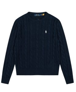 Ralph Lauren round neck solid Fried Dough Twists knitting sweater Navy blue white label OG0731336