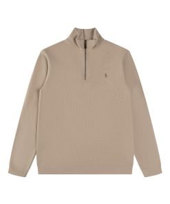 Ralph Lauren Half Zipper High Collar Long Sleeve Knitted Hoodie Oat brown label OG0730328