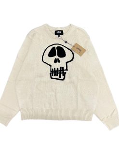 STUSSY Skeleton Towel Embroidered Jacquard Couple Round Neck Knitted Sweater Apricot OG0731342