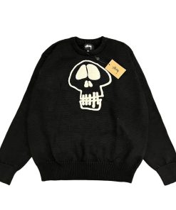 STUSSY Skeleton Towel Embroidered Jacquard Couple Round Neck Knitted Sweater Black OG0731343