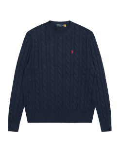 Ralph Lauren round neck solid Fried Dough Twists knitting sweater Navy blue red label OG0731337