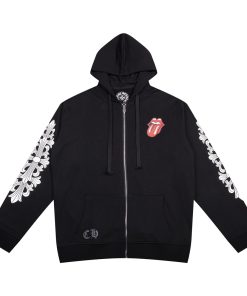 Chrome Hearts × The Rolling Stones Red Tongue Cross Zip Up Hoodie BlackRed OG0725127